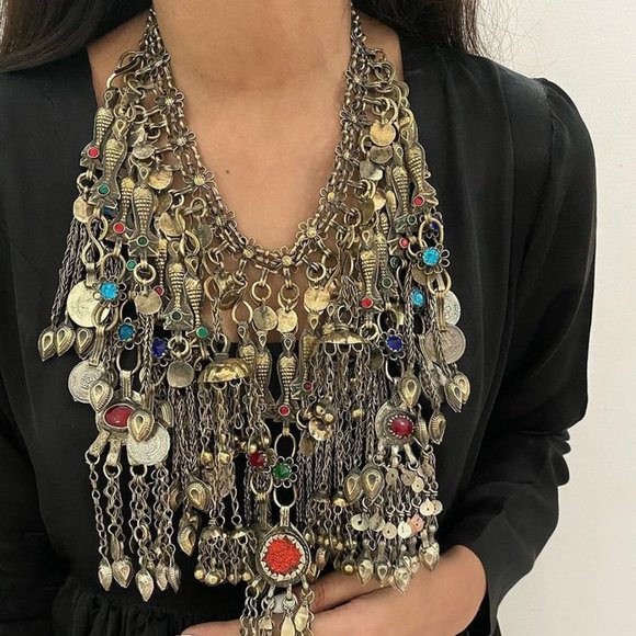 Vintage Afghan Oversized Necklace Embellished with Fish Motifs, Bib Necklace - Picture 2 of 7